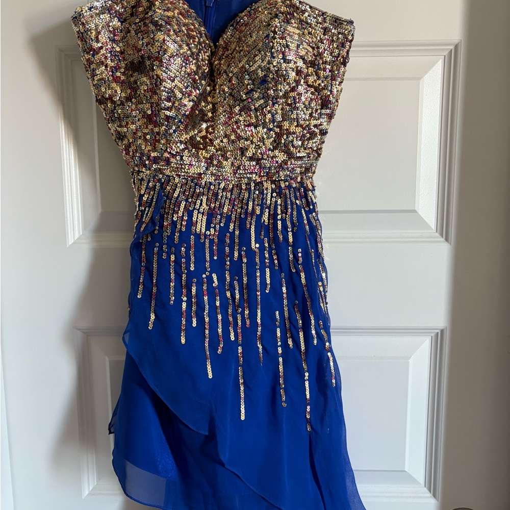Sherri Hill Gold and Blue Mini Dress